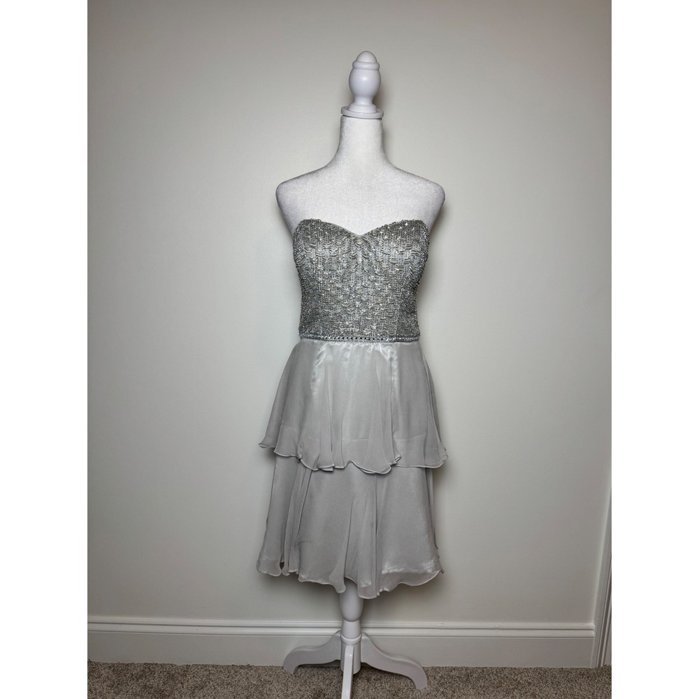 Scala Silk Silver Tiered Beaded Sequin Evening Dress Strapless Size 4 Glam
